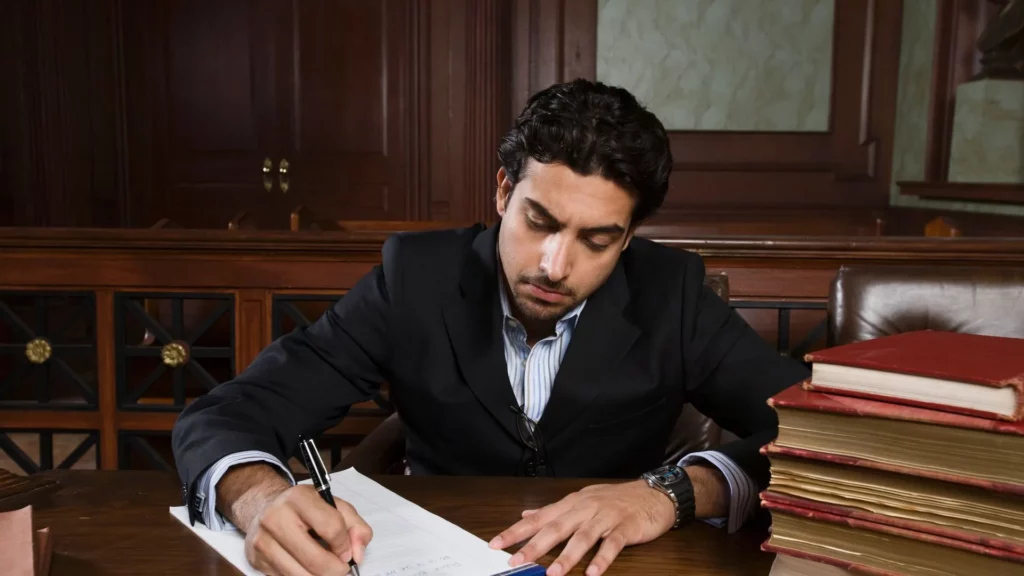 A male lawyer signs a legal document while creasing his forehead.
